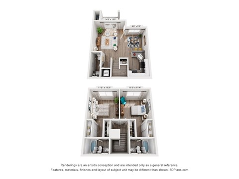 Floor plan for 2 beds, 2.5 baths, 1100 sqft